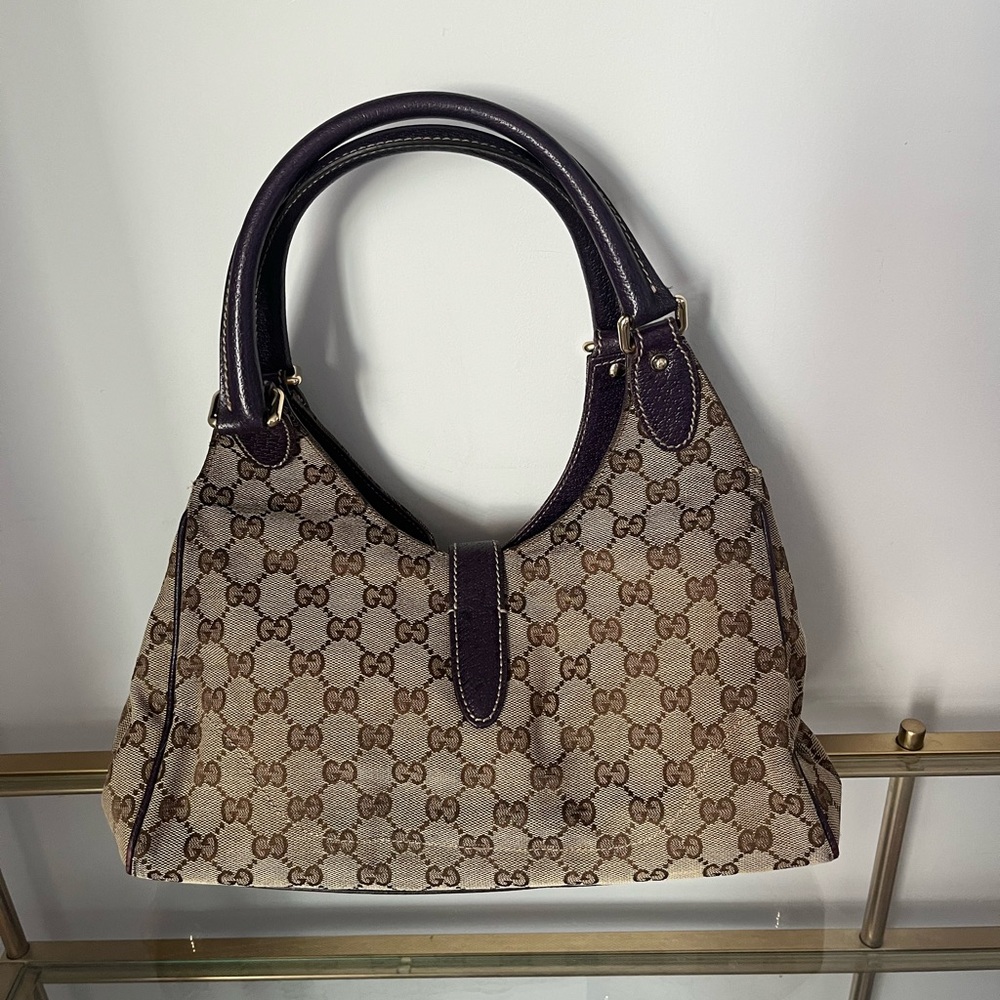 Gucci Brown Monogram Canvas Shoulder Bag with purple Leather Trim - Picture 4 of 11